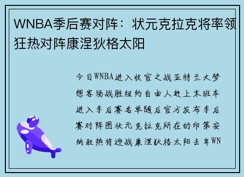 WNBA季后赛对阵：状元克拉克将率领狂热对阵康涅狄格太阳